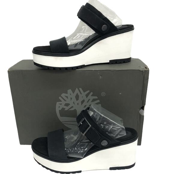 Timberland Black Koralyn Platform Wedge Leather Sandals - Picture 1 of 4